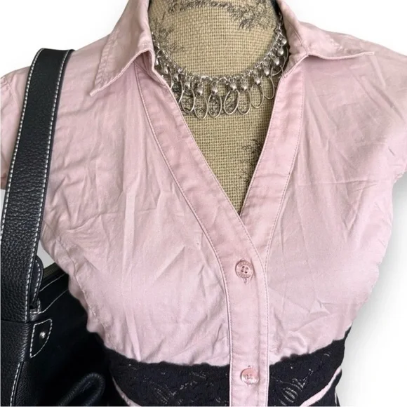 Guess Pink Button Down Blouse Shirt Top with Black Lace Detail - Picture 2 of 5